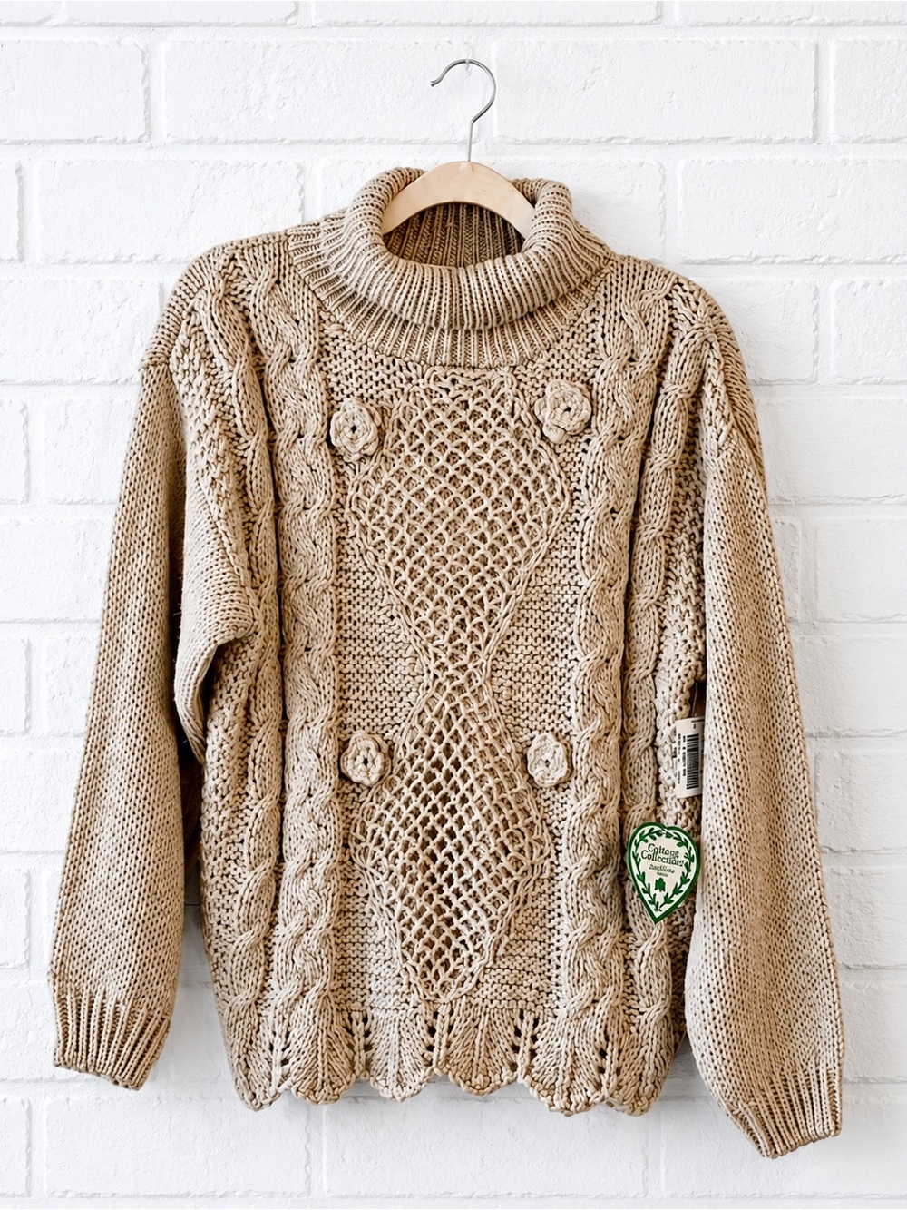 Hand Knit Fisherman Sweater Cable Knit Turtleneck Boho Cottagecore Vintage 80's